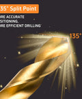 Drill bit with gold titanium-nitride coating and 135° split point; close-up view