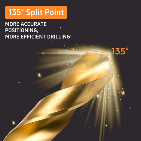 Drill bit with gold titanium-nitride coating and 135° split point; close-up view