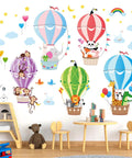 Hot Air Balloon Wall Decals For Kids Room with cute animal cloud stickers and colorful balloons, nursery playroom decor.