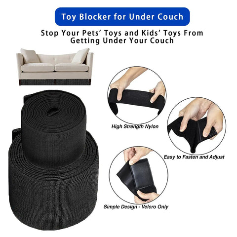 Adjustable Under Couch Blocker With Hella Secure Elastic Strap Blocks Toys And Small Items From Sliding Under Furniture shown in detail with high strength nylon material.
