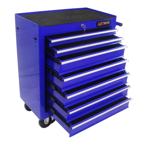 Rolling Tool Chest With Seven Drawers On Wheels Heavy Duty Steel Tool Cabinet Lockable Toolbox On Wheels For Garage And Workshop Blue Finish Ball Bearing Drawer Slides Up To 33 Lbs Per Drawer