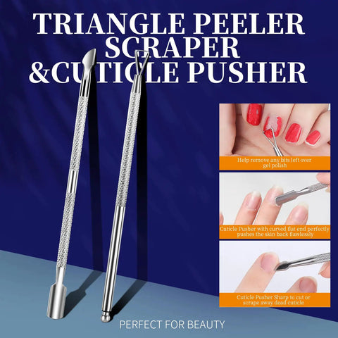 Triangle peeler and cuticle pusher tools from Nail Soaking Bowl Kit for At Home Manicure with Acetone Proof Hand Bowl Gel Polish and Dip Powder Remover Includes Cuticle Oil Pusher Peeler Cuticle Tools Nail Files Buffers and Brush.