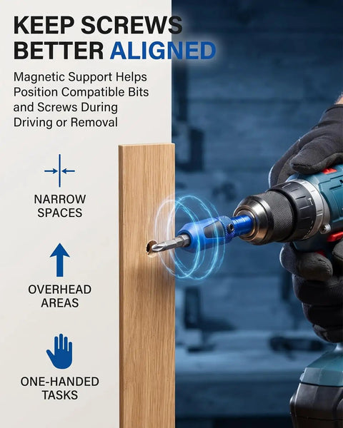 Three In One Magnetic Socket Bit Set With Adjustable Quarter Inch Hex Holder Magnetic Screwdriver Attachment And Extension Adapter For Quick Install And Stable Screw Alignment, blue tool on drill