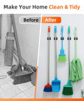 Before and after comparison of floor tools organized with 5 Pack Heavy Duty Wall Mount Broom Holder Rack For Mop Broom Rake And Garden Tools Stainless Steel Hanger Organizer For Kitchen Laundry Garage Space Saving And Beefy Durable, tools hanging neatly