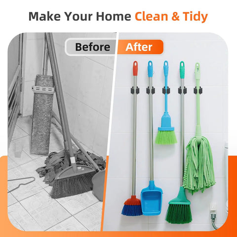 Before and after comparison of floor tools organized with 5 Pack Heavy Duty Wall Mount Broom Holder Rack For Mop Broom Rake And Garden Tools Stainless Steel Hanger Organizer For Kitchen Laundry Garage Space Saving And Beefy Durable, tools hanging neatly