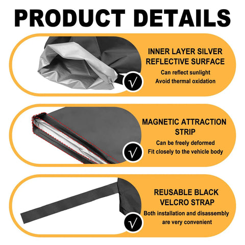 Hella Tough Universal Fit Electric Vehicle Charging Port Cover With Lock Tight Magnetic Grip And Easy Plug And Play Setup To Shut Out Gnarly Rain Sun And Snow Outside Your Car Socket In Solid Black features inner silver reflective layer, magnetic strip, and velcro strap.