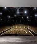 Dope Basketball Peel And Stick Wallpaper For Living Room And Bedroom Self Adhesive Removable Wall Mural Poster Sticker Background Decor 100 Inches By 144 Inches Cut Into Six Panels Durable PVC Material featuring a basketball court in a dimly lit arena.