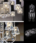 G9 120V 40W Xenon Light Bulb Warm White 2700K Dimmable 2 Pin JC T4 Base shown with chandeliers and fixture applications