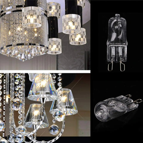 G9 120V 40W Xenon Light Bulb Warm White 2700K Dimmable 2 Pin JC T4 Base shown with chandeliers and fixture applications