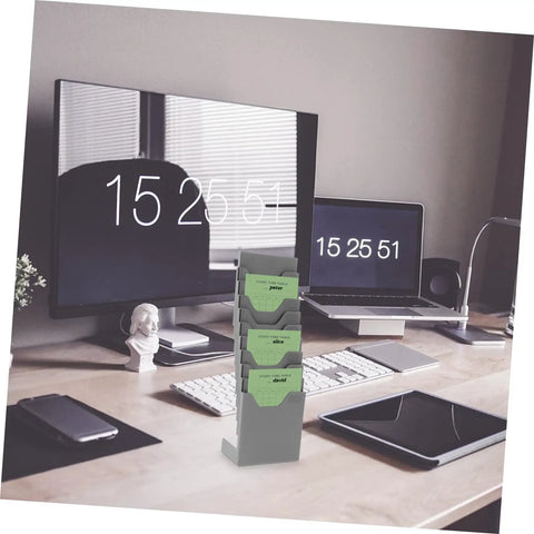 3 Piece Heavy Duty Info Card Storage Rack Doubles As Clock Card Organizer And Time Sheet Holder on a desk with time cards.