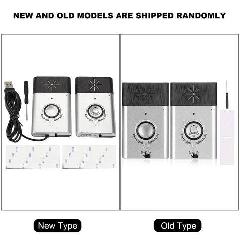 Wireless Intercom Doorbell showing new and old types, USB power cable, and installation accessories for easy setup.