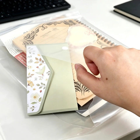 Clear Plastic Envelopes With Snap Closure 100 Pack A4 Size File Folders for storing documents and papers, shown with hand opening.