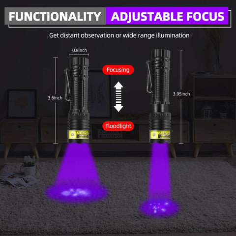 Mini 395nm UV Flashlight with USB C Rechargeable Black Light, adjustable focus modes, purple UV beam highlighting functionality.