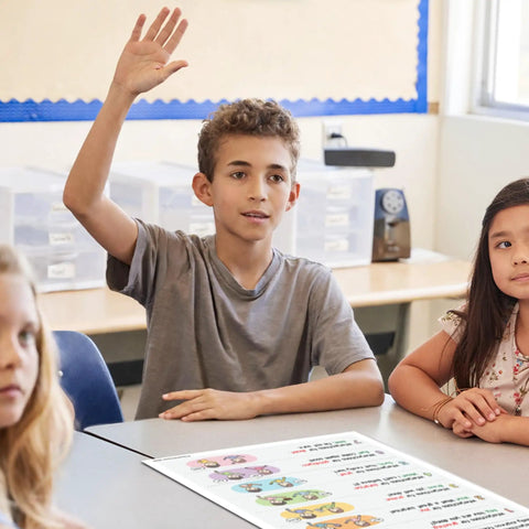 Student raises hand in classroom with Eight Poster Parts Of Speech Set For Classrooms Nouns Verbs Adjectives Adverbs displayed on table.