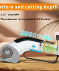 Heavy Duty Cordless Electric Scissors With Rechargeable Battery showing 2000mAh battery and 0.25 inch cutting depth.