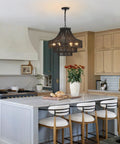 Hand Woven Rattan Pendant Light Plug In Dome Style Boho Minimalist Ceiling Fixture For Kitchen Island Dining Room Hallway UL Listed 13 Inch Diameter Modern Rustic Ambience hanging over a kitchen island.