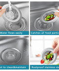 2 Pack Stainless Steel Kitchen Sink Strainers With Large Wide Rim 4.5 Inch Diameter Food Catcher displaying water flow and food catching ability