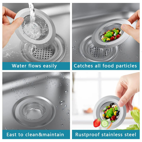 2 Pack Stainless Steel Kitchen Sink Strainers With Large Wide Rim 4.5 Inch Diameter Food Catcher displaying water flow and food catching ability