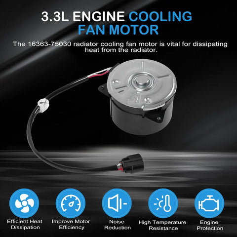 Heavy Duty Radiator Cooling Fan Motor Slick Direct Swap For Toyota Highlander And Lexus Rx400h 3.3 Liter OE 16363-75030 close-up view.