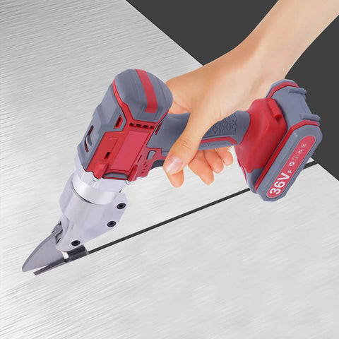 Professional 36V Electric Metal Shears with Swivel Head cutting through metal sheet, showcasing ergonomic design and battery pack.