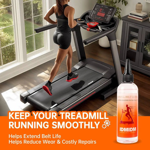 Silicone Treadmill Belt Lubricant 8 Oz Total With 2 Long Nozzle Tubes, Reduces Noise And Friction next to treadmill and user