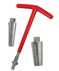 Riser Removal Tool For 1/2 Inch And 3/4 Inch Pipes Steel Construction Durable Plumbing Tool for quick riser removal with red handle and steel parts.