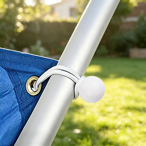 White ball bungee cord securing blue tarp to pole, Go To 30 Pack Ball Bungee Cords For Camping And Canopy Tarp Shelter Includes 6, 9, And 12 Inch