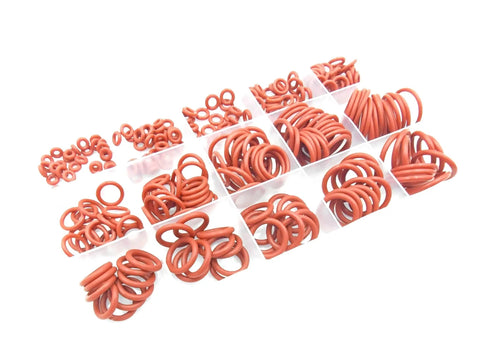 Red Silicone O Ring Kit 225 Piece Set With 15 Metric Sizes VMQ Sealing Gasket Kit For Cup Lids Coffee Makers Brewing Fittings Pumps Pipes Hoses Gauges And More shown in a transparent box
