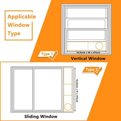 Diagram showing Portable Air Conditioner Window Seal Kit 5 Inch Universal Vent for vertical and horizontal sliding windows.