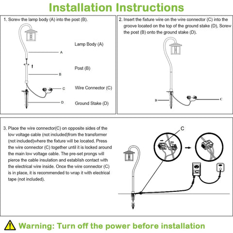 Diagram showing installation instructions for Low Voltage Pathway Lights 4 Pack EZ Install With 3W 185LM LED Landscape Lighting.