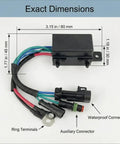 Tilt Trim Relay Kit For Johnson Evinrude Outboard Motors 40HP To 300HP From 2004 Up Waterproof dimensions; connectors visible.