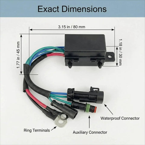 Tilt Trim Relay Kit For Johnson Evinrude Outboard Motors 40HP To 300HP From 2004 Up Waterproof dimensions; connectors visible.