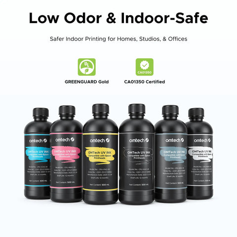 Cmyk White Gloss Uv Curable Ink Kit For Flatbed Printers Features A Slick Clog Resistant Blend That Flows Smooth And Delivers Straight Fire Prints Daily For Signage Or Maker Studios, six 500ml bottles displayed.