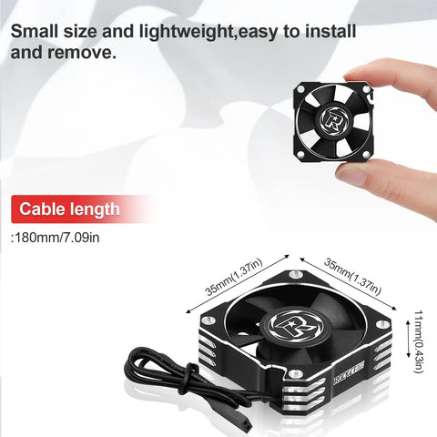 Ultra Fast RC Brushless Motor Cooling Fan For 1 8th And 1 10th Scale Cars, 35mm Diameter, Up To 21000 RPM, 8.4V Aluminum Heatsink, Black And Silver