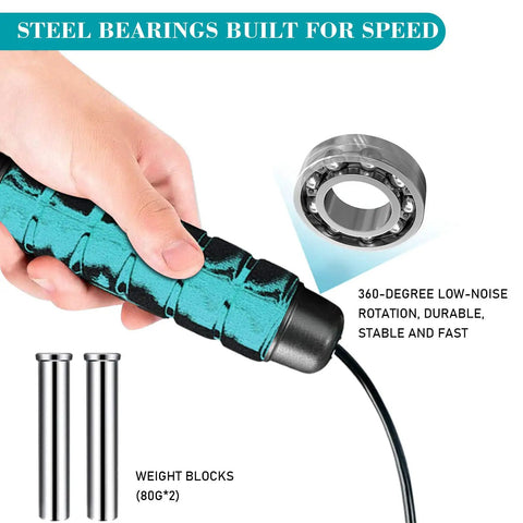 Close-up of a hand holding weighted cordless jump rope for fitness, no tangle ropeless rope with steel bearings and weight blocks.
