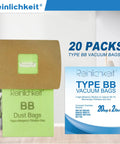 20 Pack Type BB Compact Canister Vacuum Bags With 2 Motor Filters Replacement For BB180 BB280 packaging front view
