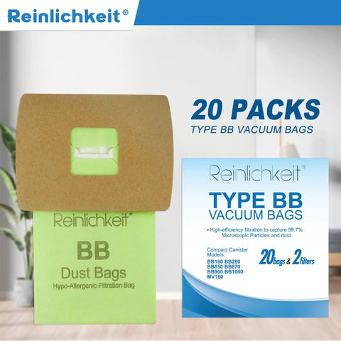 20 Pack Type BB Compact Canister Vacuum Bags With 2 Motor Filters Replacement For BB180 BB280 packaging front view