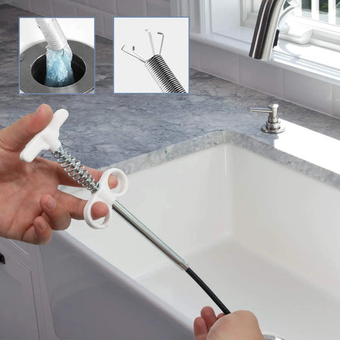 Flexible Sink Grabber Reacher Tool With Four Claws near a kitchen sink, illustrating grip and use in drain cleaning.