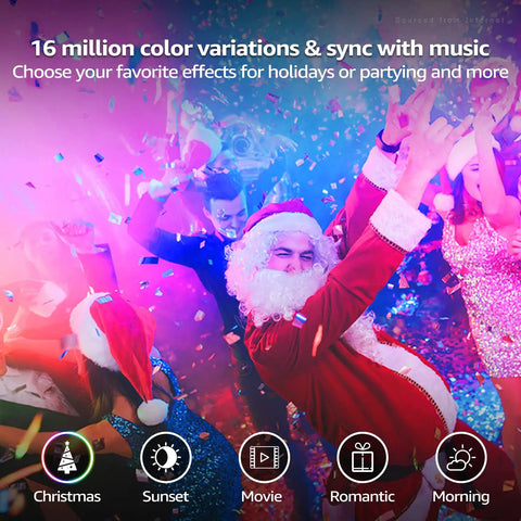 Santa dancing at a Christmas party with RGB lights syncing to music, demonstrating Four Inch Smart Recessed Lighting Kit With J Box RGBCW.