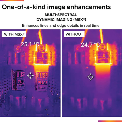 Industrial Grade Thermal Imager comparison showing fuse with and without MSX imaging for Electrical Inspection and Diagnostics