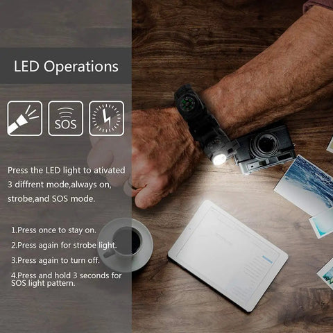 Person wearing 21 In 1 Survival Paracord Bracelet Kit With SOS LED Light Fire Starter Bigger Compass Whistle Thermometer And Ready To Go Rescue Gear for camping and hiking on wrist, using LED light feature next to camera and notepad.