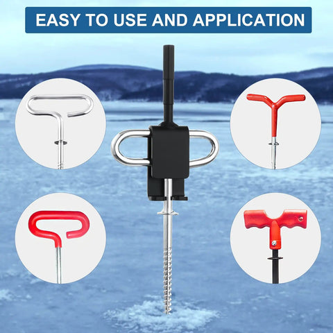 Ice Anchor Drill Adapter Kit With Storage Bag Four Ice Anchor Tools for quick ice fishing shelter setup shown against icy background