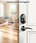 Keyless Entry Door Lock With 2 Lever Handles Electronic Keypad Deadbolt Auto Lock Backlit For Easy Installation Matte Black Front Door Handle Set Anti Peep Security With 20 Permanent PIN Codes And One Time Codes being installed on a white door with a screwdriver, shown from the side view.