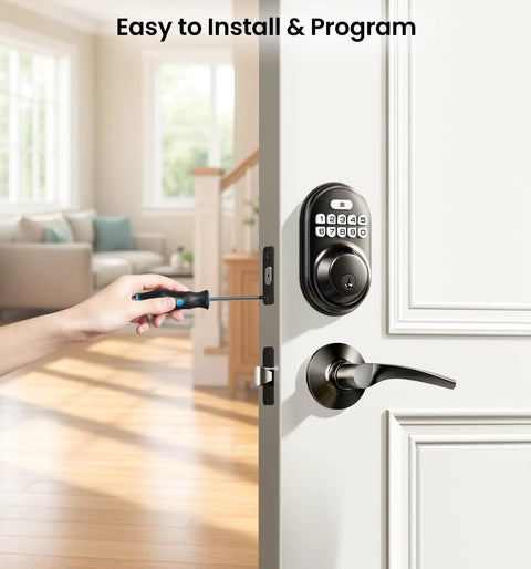 Keyless Entry Door Lock With 2 Lever Handles Electronic Keypad Deadbolt Auto Lock Backlit For Easy Installation Matte Black Front Door Handle Set Anti Peep Security With 20 Permanent PIN Codes And One Time Codes being installed on a white door with a screwdriver, shown from the side view.