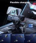 Heavy Duty 15W MagSafe Car Phone Charger Featuring Badass Magnetic Vent Mount with Dual PD and QC Fast Charging Ports shown in car with flexible design.