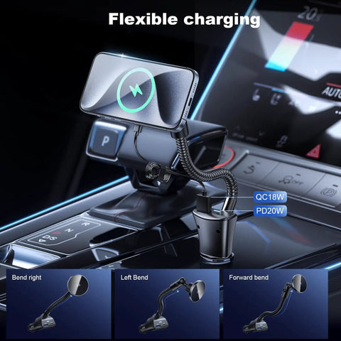 Heavy Duty 15W MagSafe Car Phone Charger Featuring Badass Magnetic Vent Mount with Dual PD and QC Fast Charging Ports shown in car with flexible design.