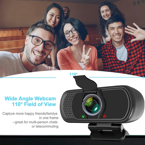 Slick 1080p Webcam With Noise Canceling Mic And Auto Light Correction Plug And Play For PC Laptop Video Calls Work From Home Streaming group video call setup, 110-degree field of view.