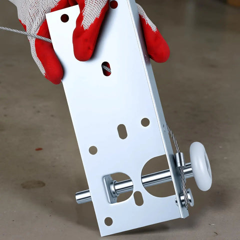 Gloved hand holding Beefed Up Heavy Duty Replacement Garage Door Bottom Roller Brackets With Seven Sixteenth Inch Diameter Roller Stem.