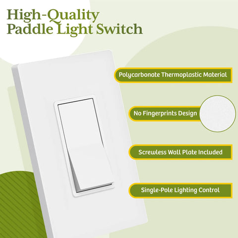 Matte White Single Pole Decorator Paddle Light Switch 15A, 10 Pack, Fingerprint-Resistant Finish, Sleek Modern Design, Replaces Any 15A Wall Switch, Shallow Body Fits Standard Junction Boxes, Slick DIY Home Upgrade. White paddle switch with wall plate