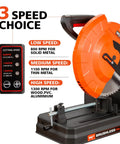 14 Inch 3500W Brushless Cold Cut Saw Workhorse for Metalwork with 3 Speed Choice Display, 66 Tooth Ferrous Metal Blade, Close-Up View